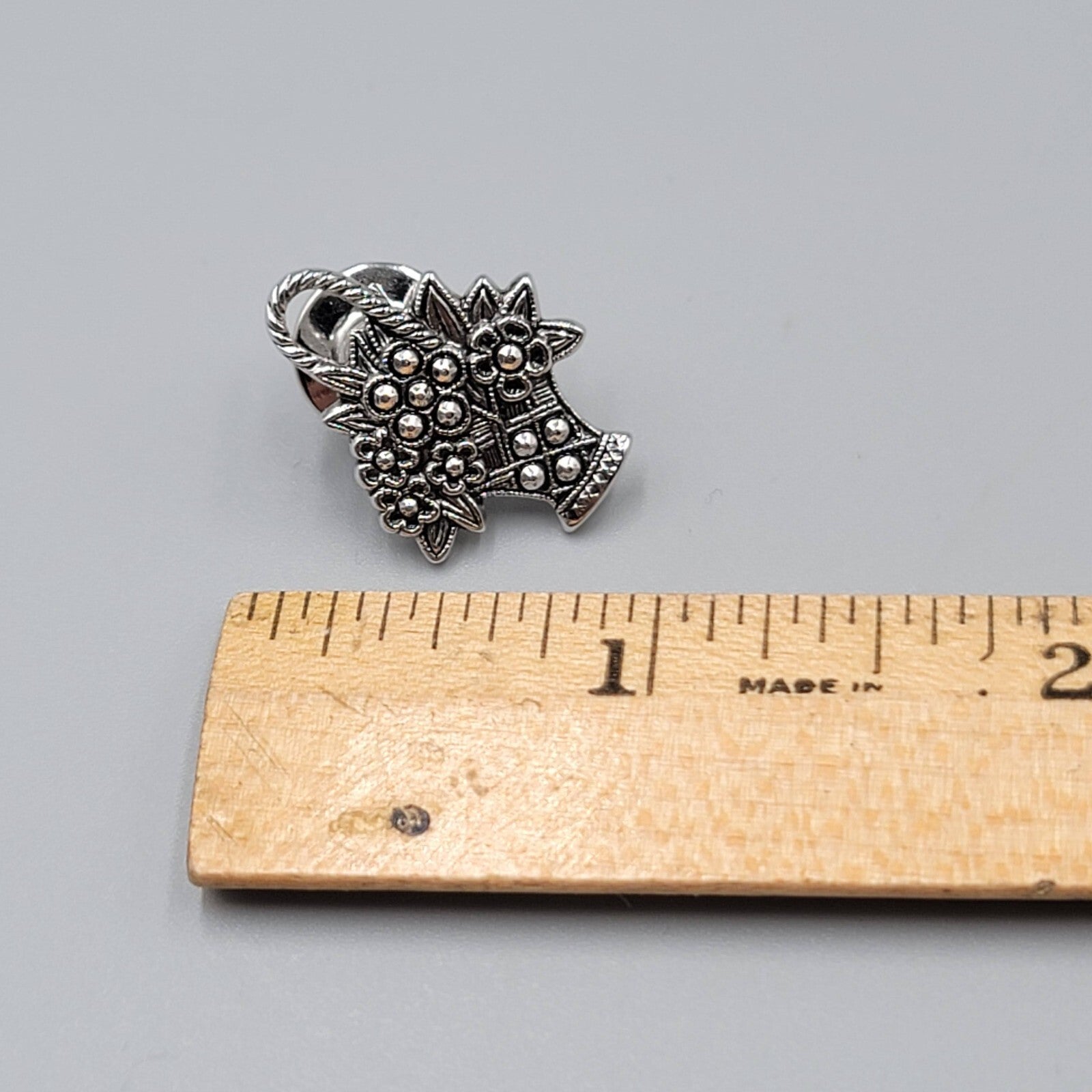 Vintage Avon Silver tone Faux Marcasite Flower Basket Lapel Pin 7/8"