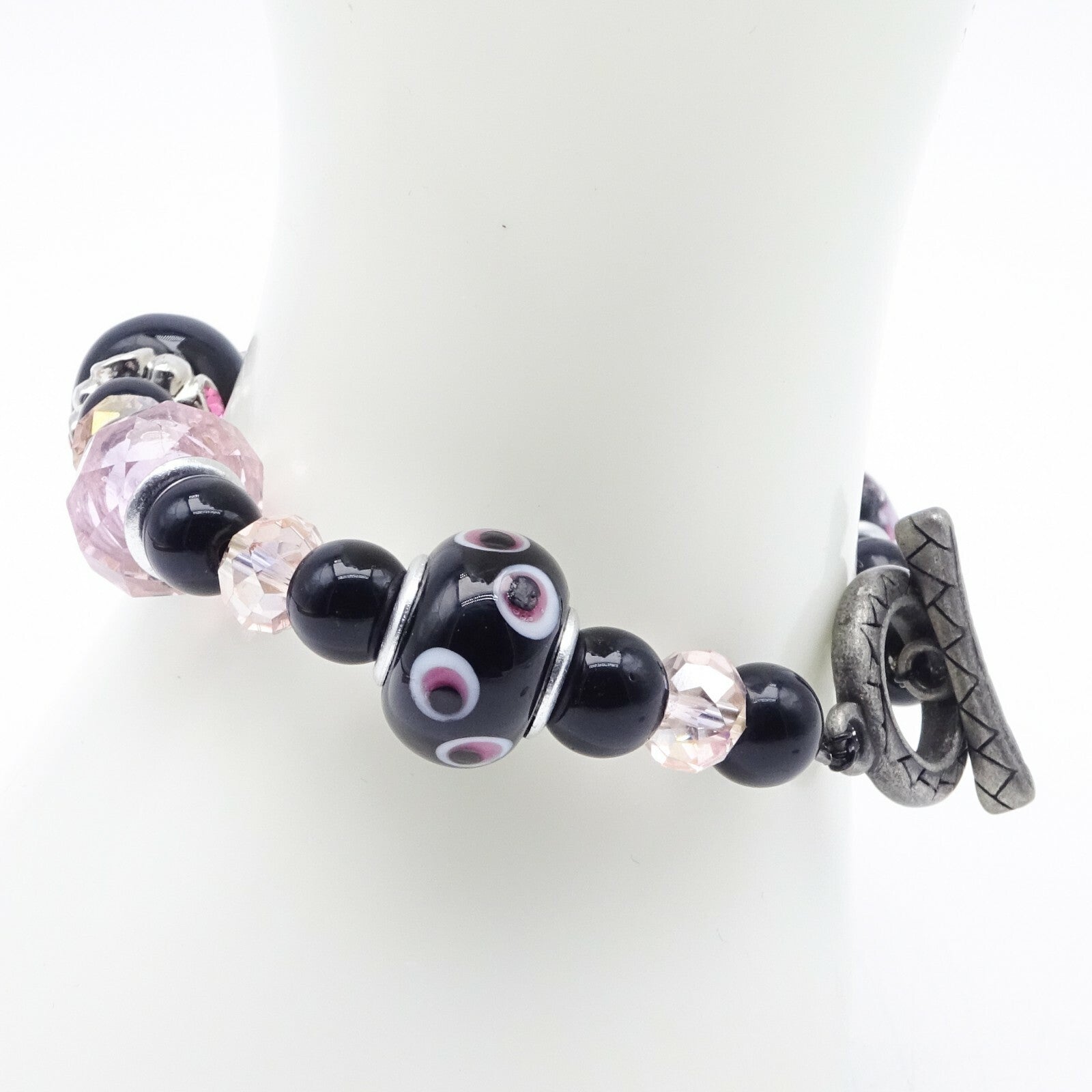 Pink Black Bead Slide Bracelet Silver tone Estate Costume 7.75"