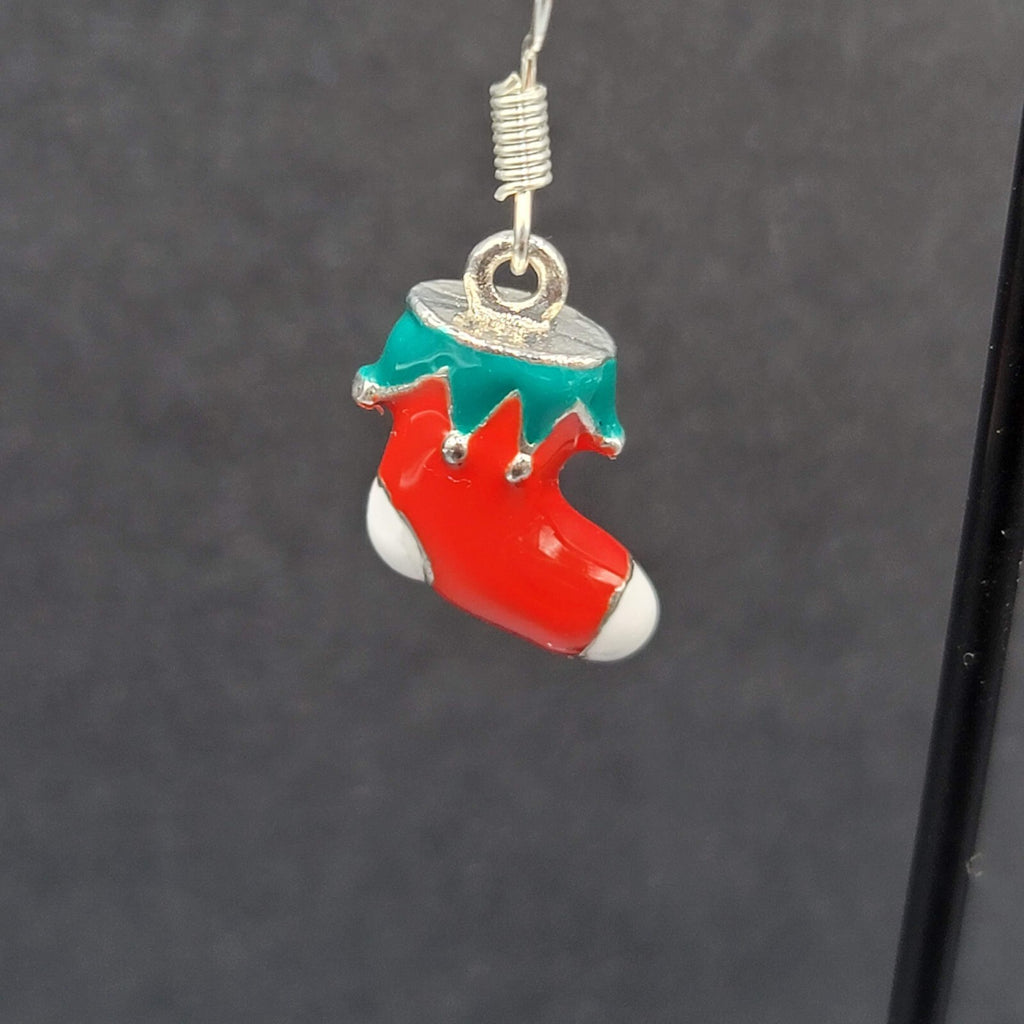 Christmas Pierced Earrings Silver tone Enamel Stockings Solid 5/8"