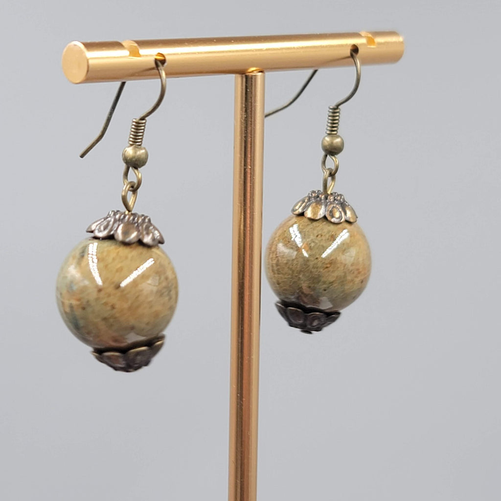 Ceramic Green Bead Pierced Earrings Bronze tone Dangle 1"