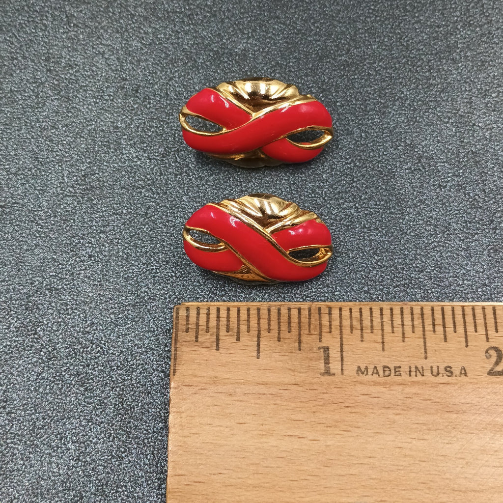 Vintage Pierced Earrings Red Enamel Infinity Gold tone Oval Drop 1"