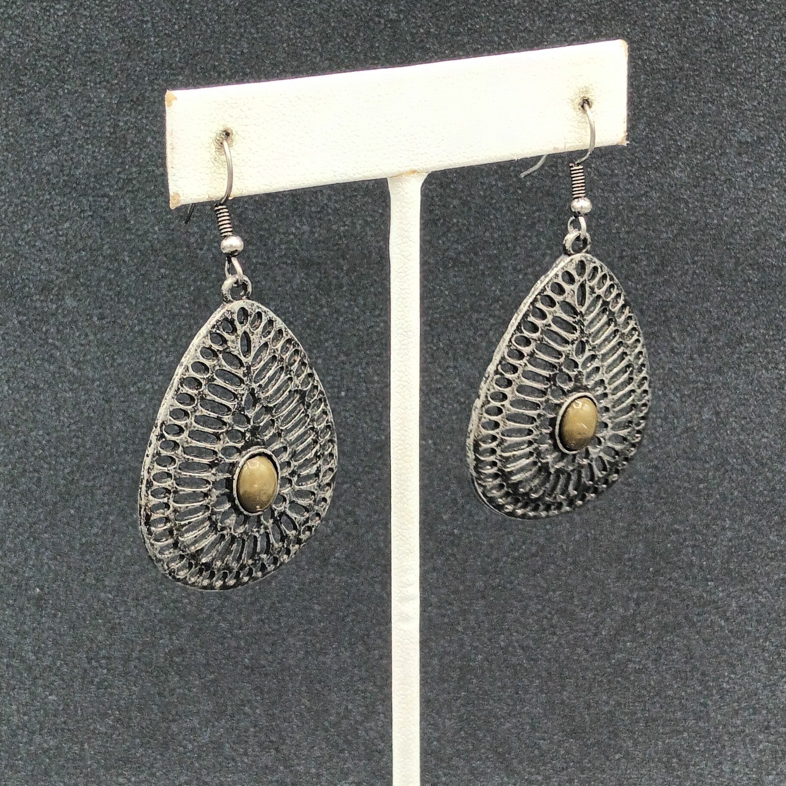 Pierced Earrings Antiqued Silver tone Teardrop Dangle 1 5/8"