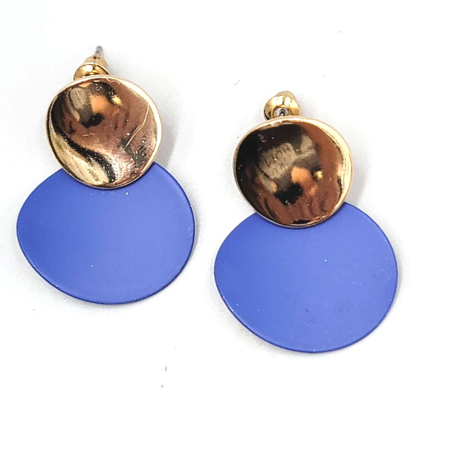 Pierced Earrings Gold toen Dangle Matte Blue Enamel 1.25"