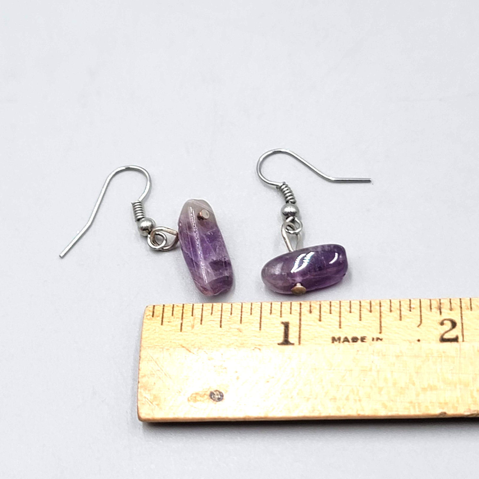Vintage Polished Amethyst Stone Bead Pierced Earrings Silver tone Dangle  1/2 in