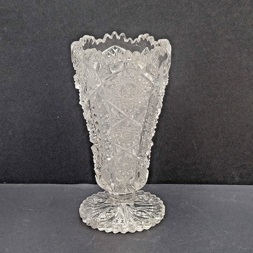 Vintage Pressed Glass Flower Vase Intricate Design 6.5"