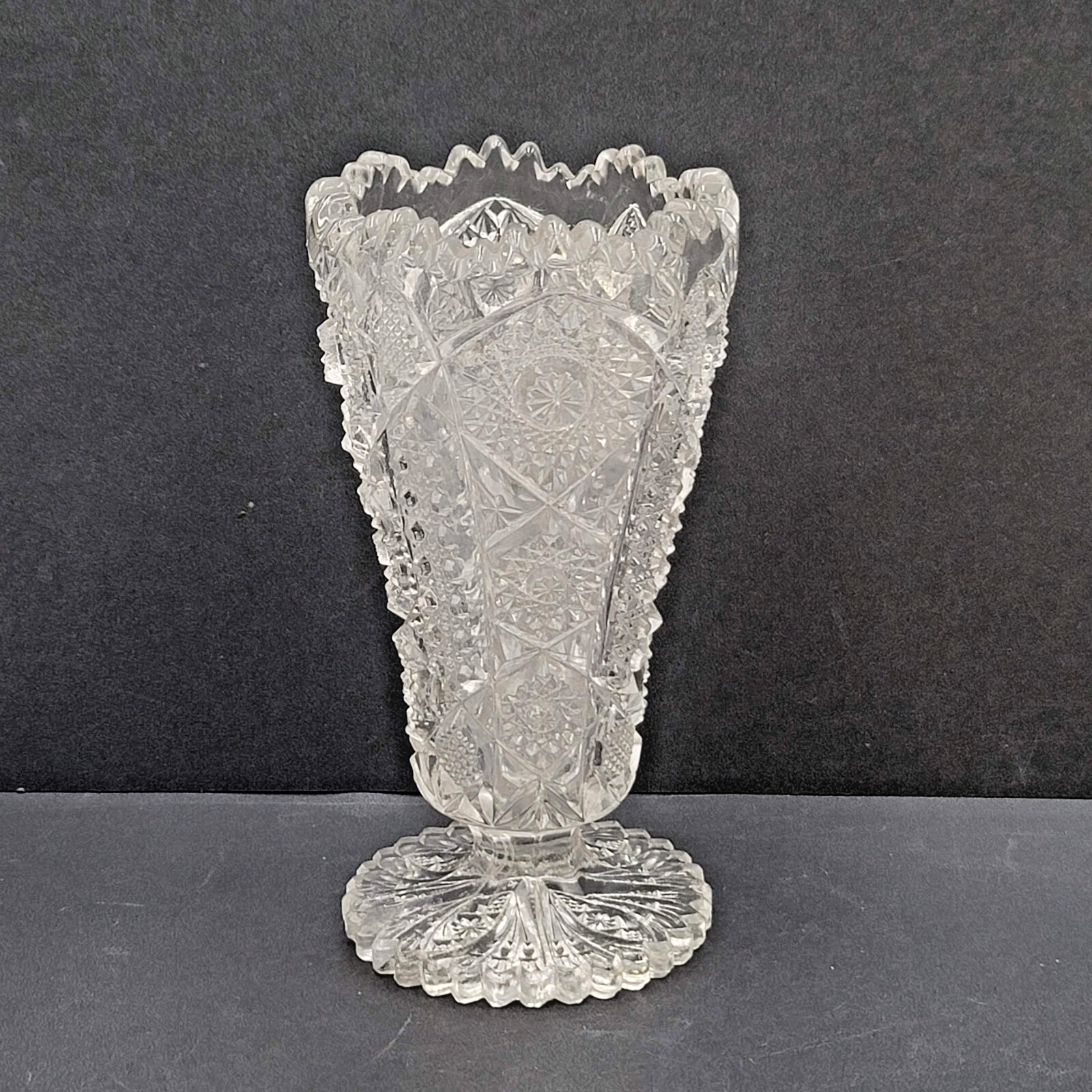 Vintage Pressed Glass Flower Vase Intricate Design 6.5"
