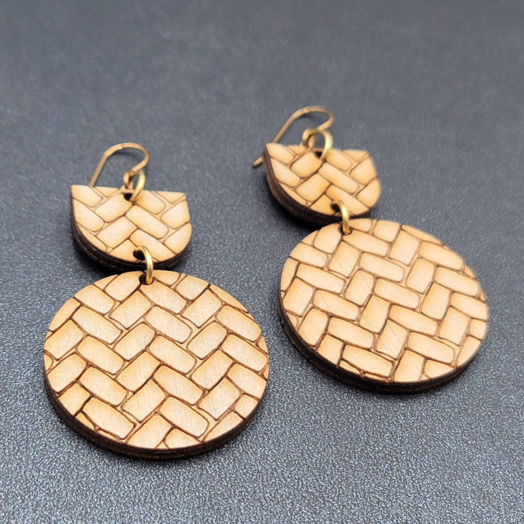 Pierced Earrings Laser Burned Geometric Wood Dangle Statement 2.25"