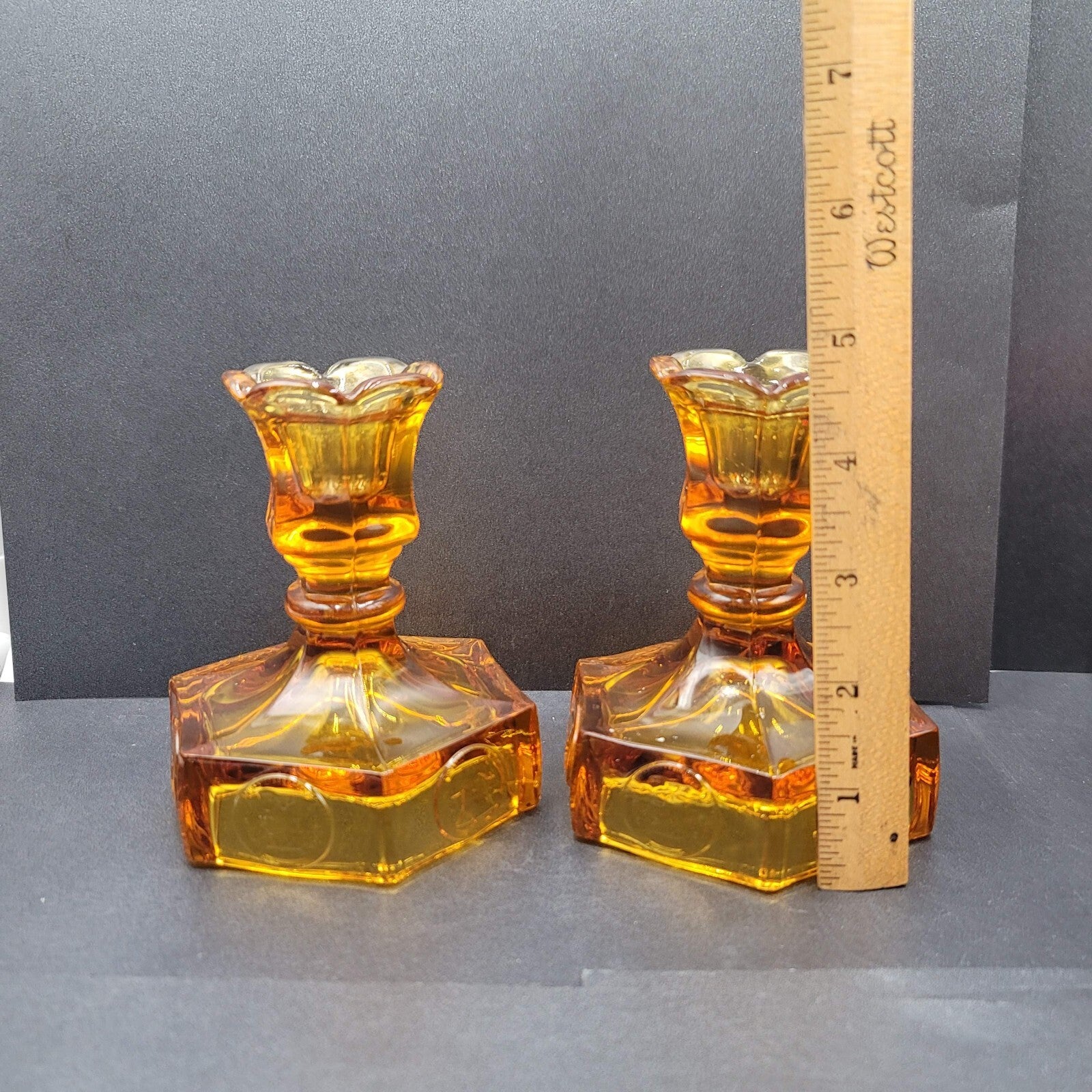 Pair Of Vintage Fostoria Amber Coin Glass Candle Stick Holders
