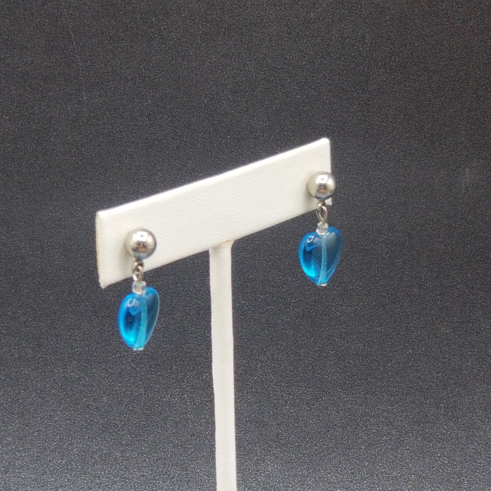 Pierced Earrings Silver tone Blue Crystal Heart Beaded Dangle 1"