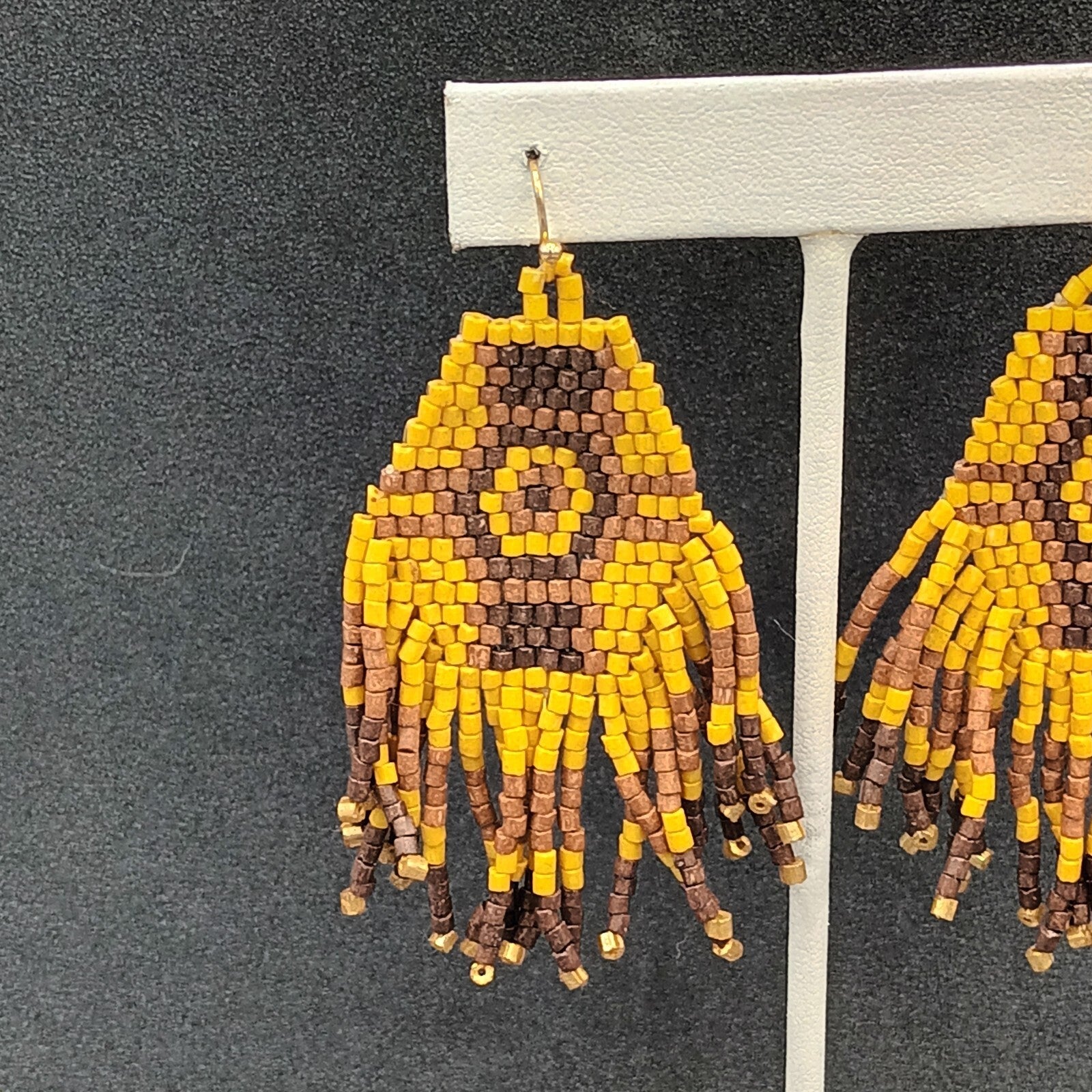 Pierced Earrings Wood Bead Weaved Browns Gold tone Dangle 2.75"