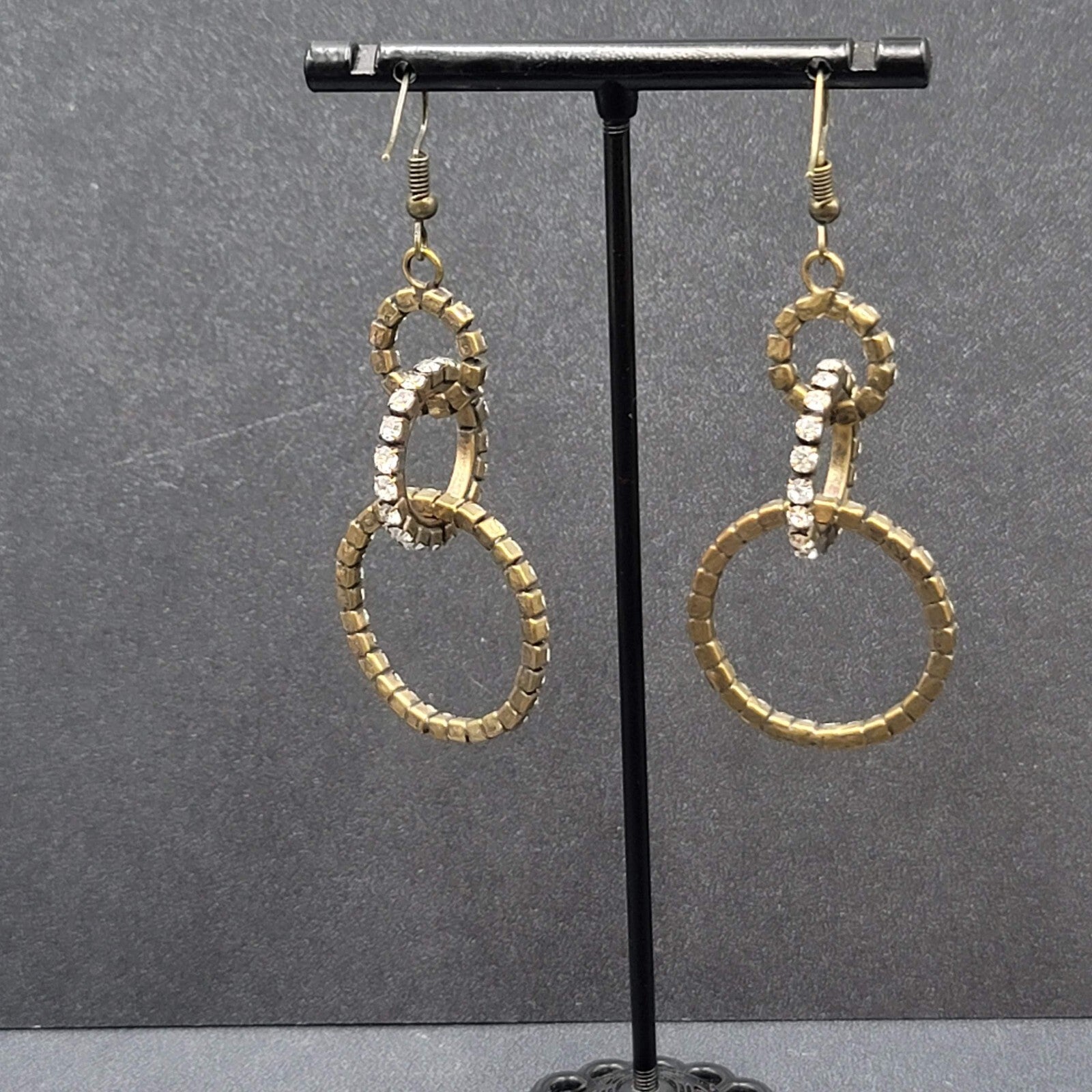 Pierced Earrings Bronze tone Concentric Circles Crystal Studded Dangle  2"