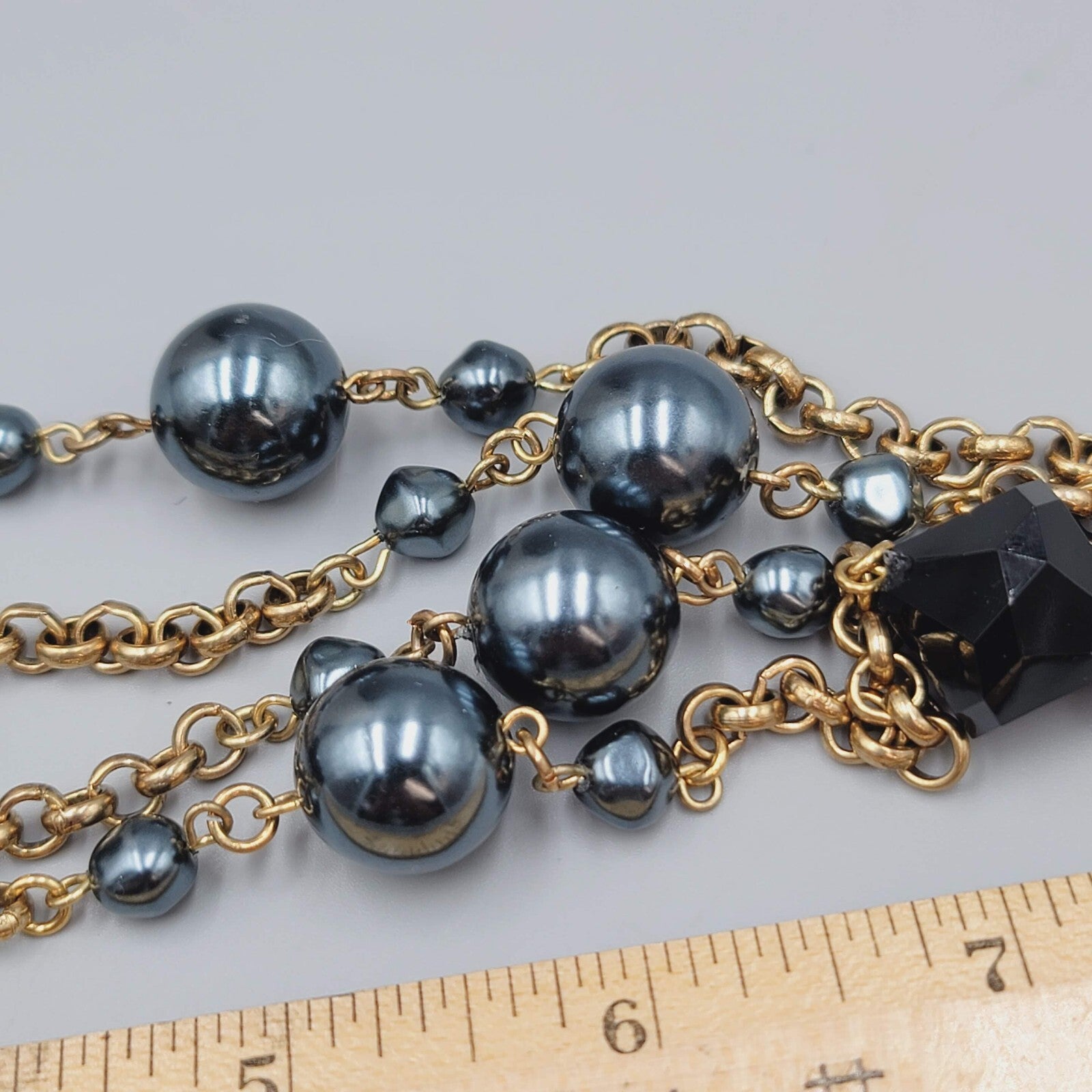Long Rolo Chain Necklace Gold tone Black and Metallic Blue Beads 44"