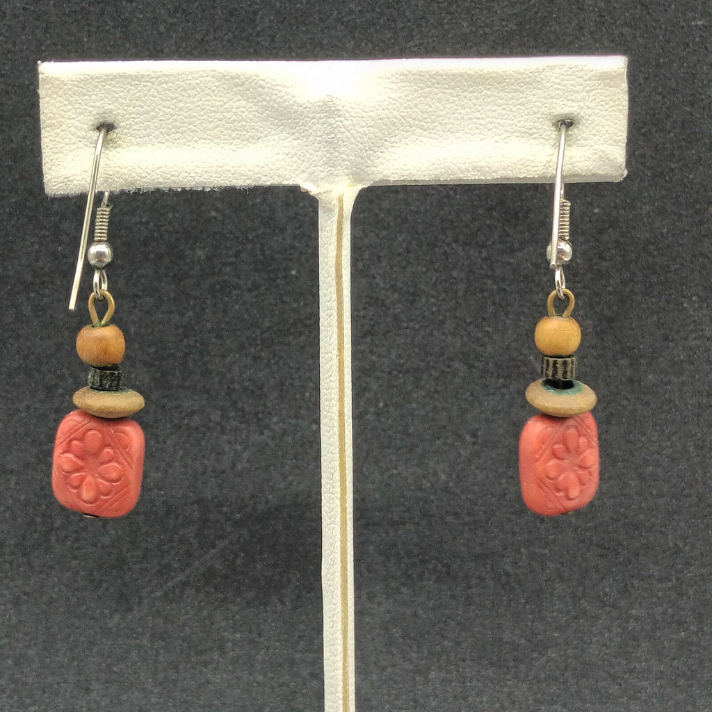 Pierced Earrings Silver tone Hook Red Plastic Flower Wood Bead Dangle 1"