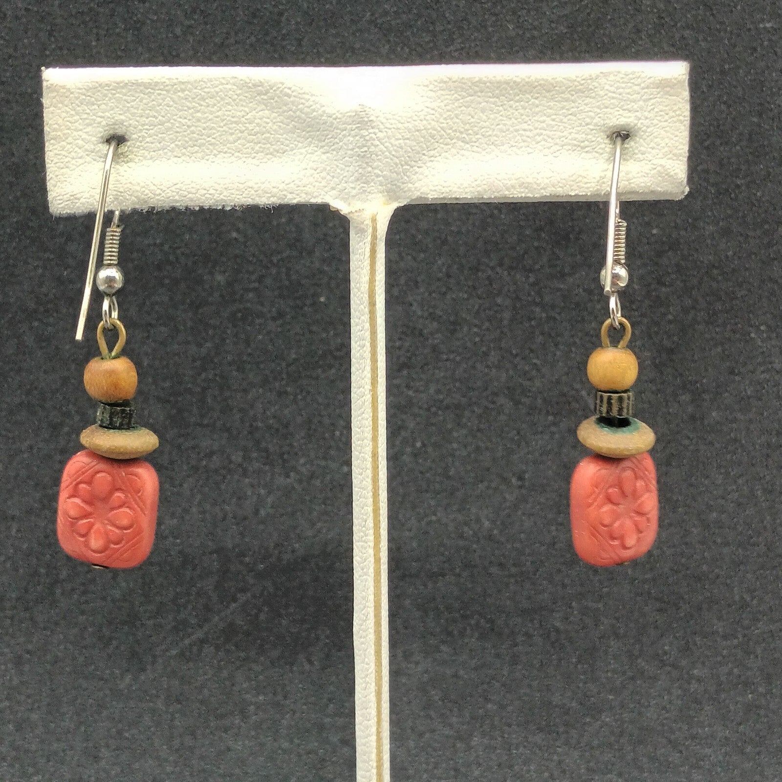 Pierced Earrings Silver tone Hook Red Plastic Flower Wood Bead Dangle 1"