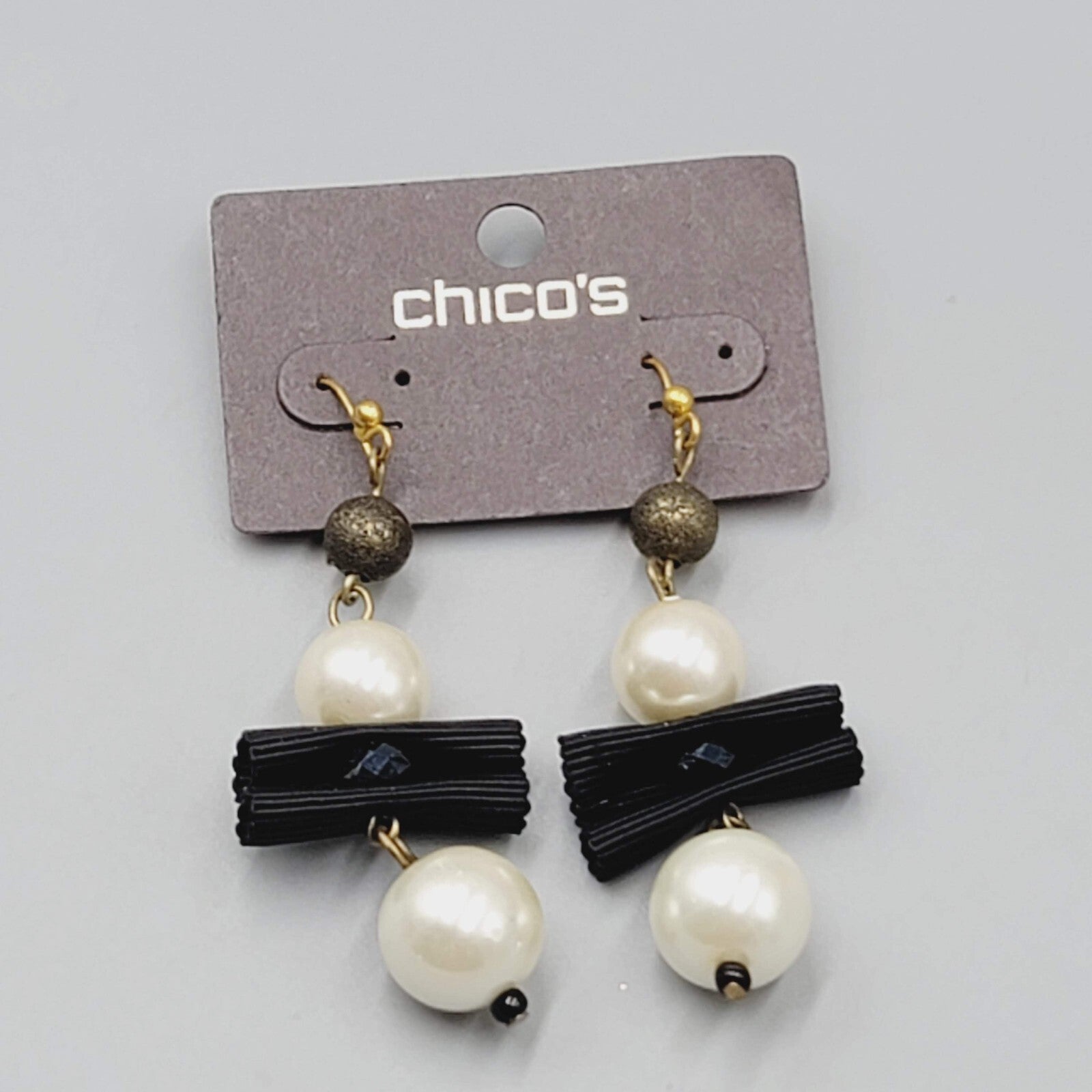 Chicos Pierced Earrings Gold tone White Bead Black Grosgrain Ribbon Dangle NWT