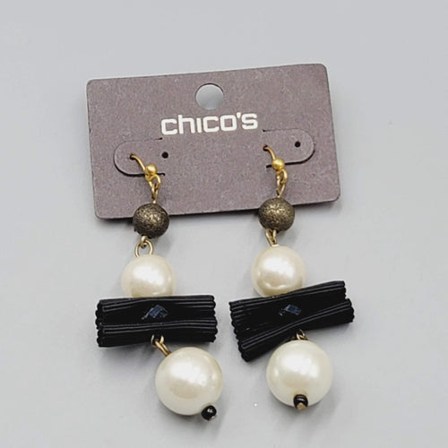 Chicos Pierced Earrings Gold tone White Bead Black Grosgrain Ribbon Dangle NWT