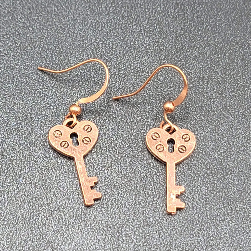 Heart Skeleton Key Pierced Earrings Bright Copper tone Dangle 7/8"