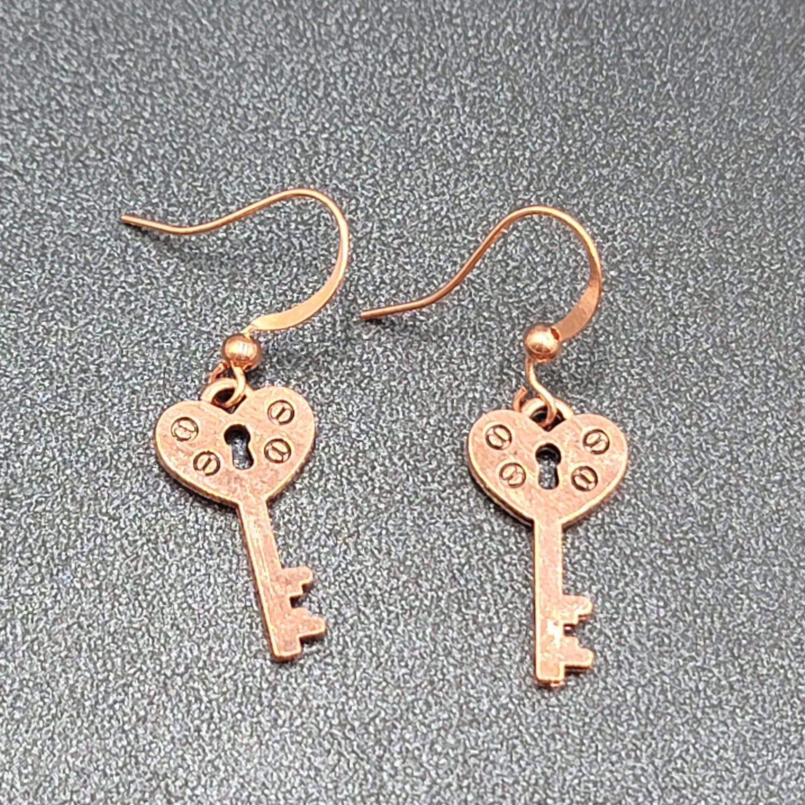 Heart Skeleton Key Pierced Earrings Bright Copper tone Dangle 7/8"