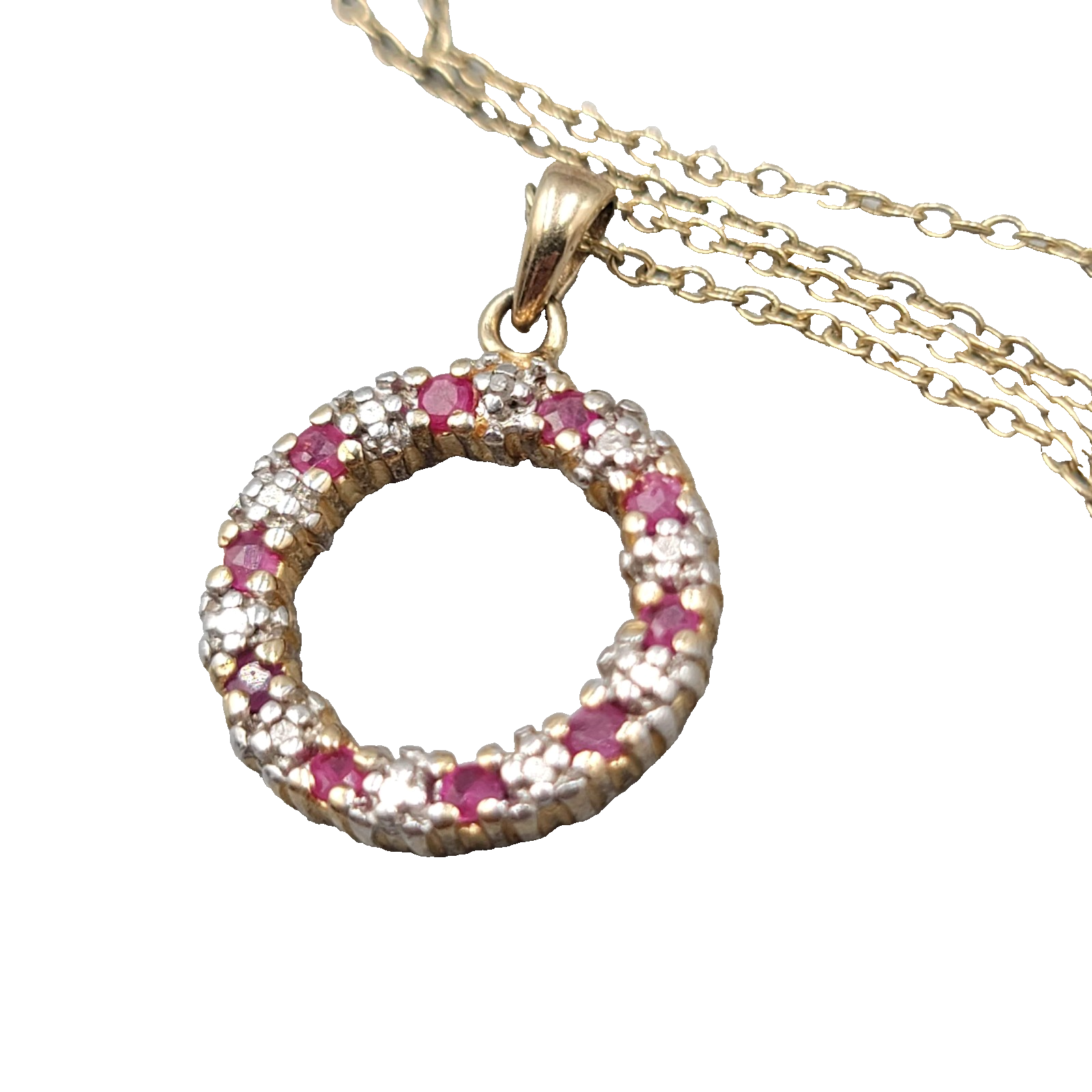 Gold Plated Sterling Silver Open Circle Pendant Diamond Ruby Chips Necklace 18"