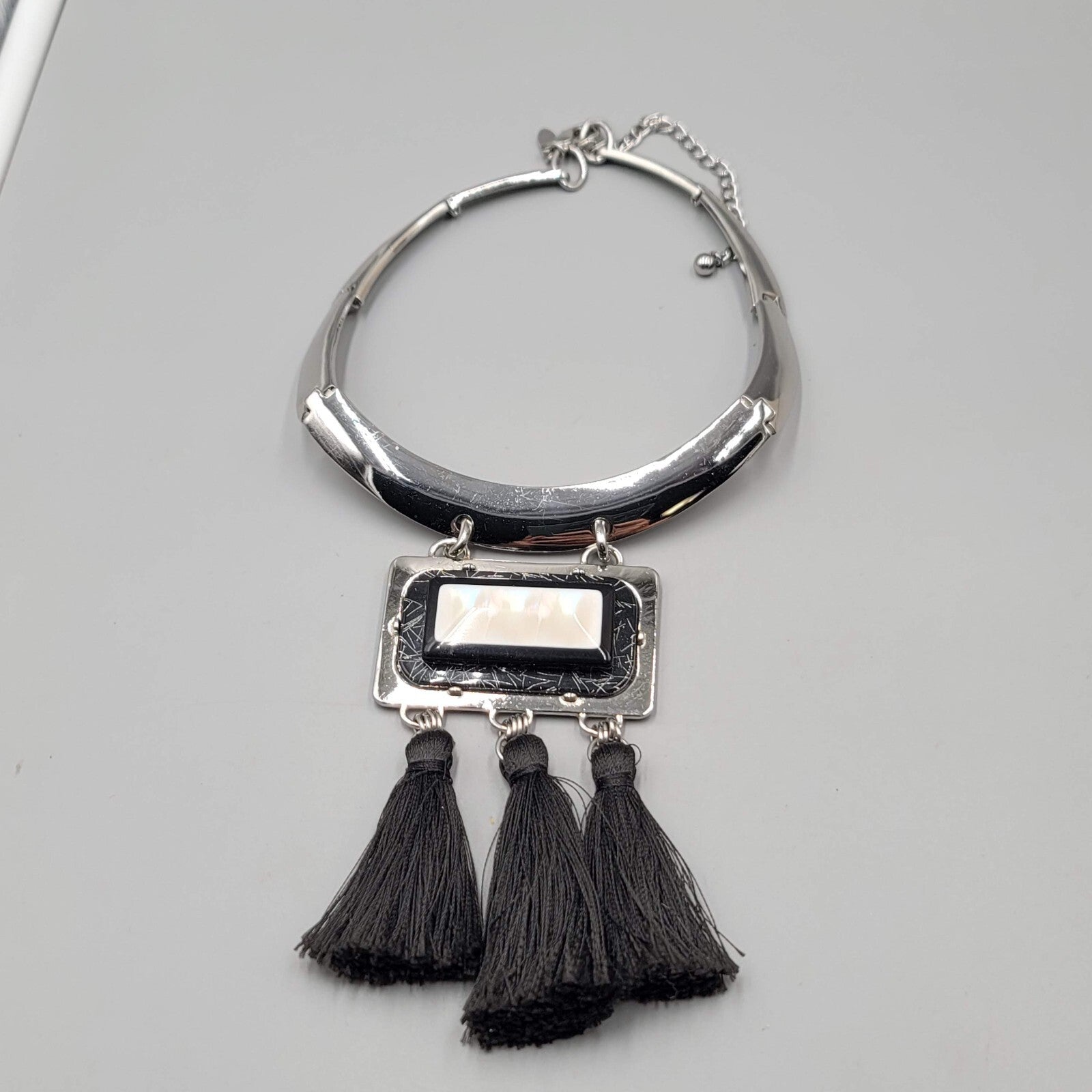 Chicos Statement Black Tassel Necklace Silver tone Iridescent Pendant 18"