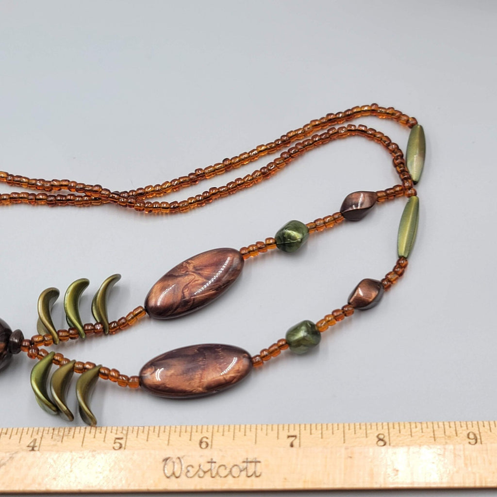 Tassel Bead Necklace Brown Green Resin and Glass Seed Beads 32"