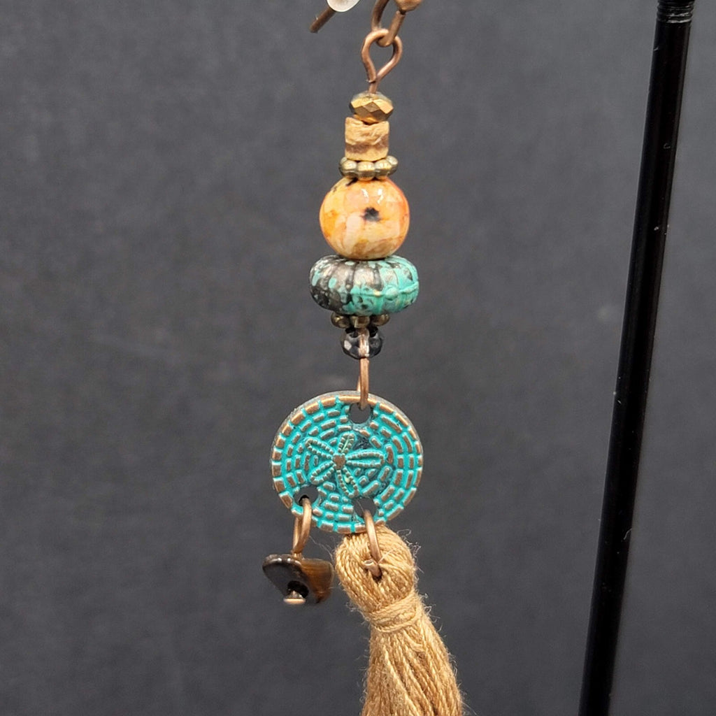 New Boho Pierced Earrings Long Copper tone Brown Tassel Beaded 3"