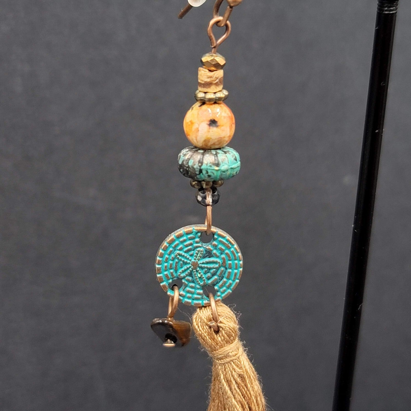 New Boho Pierced Earrings Long Copper tone Brown Tassel Beaded 3"