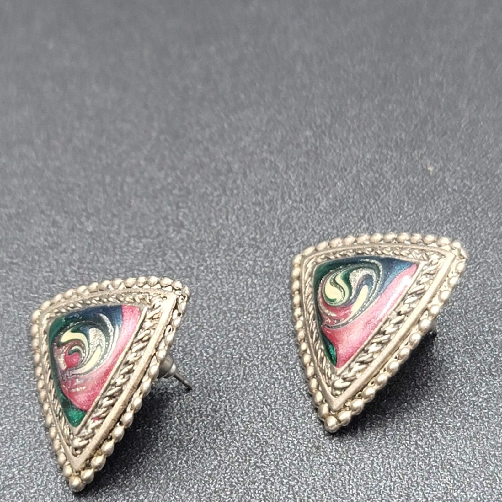 Vintage Pierced Earrings Silver tone Multicolor Enamel Swirl Triangle 1"