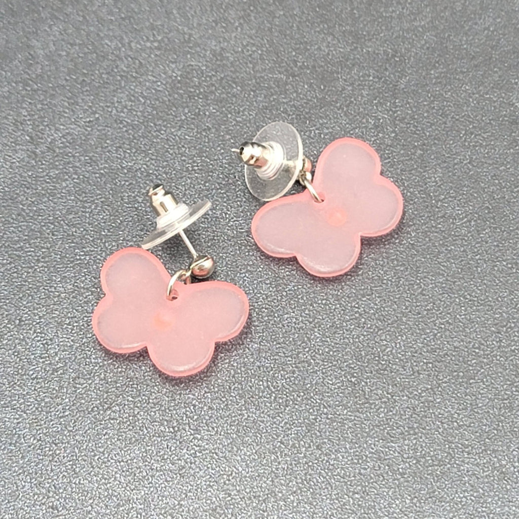 Butterfly Pierced Earrings Silver tone Pink Acrylic Bead Dangle 3/4"