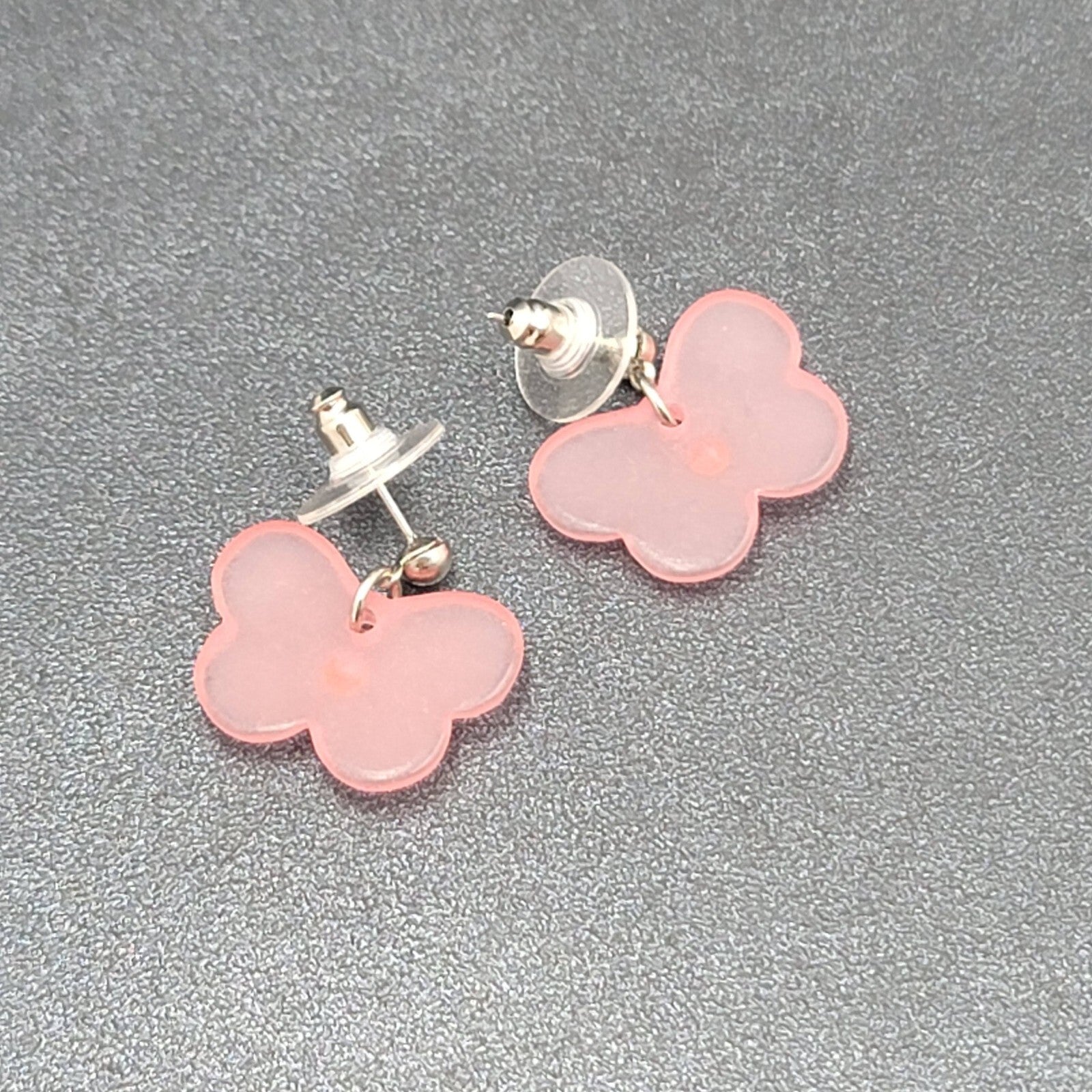 Butterfly Pierced Earrings Silver tone Pink Acrylic Bead Dangle 3/4"