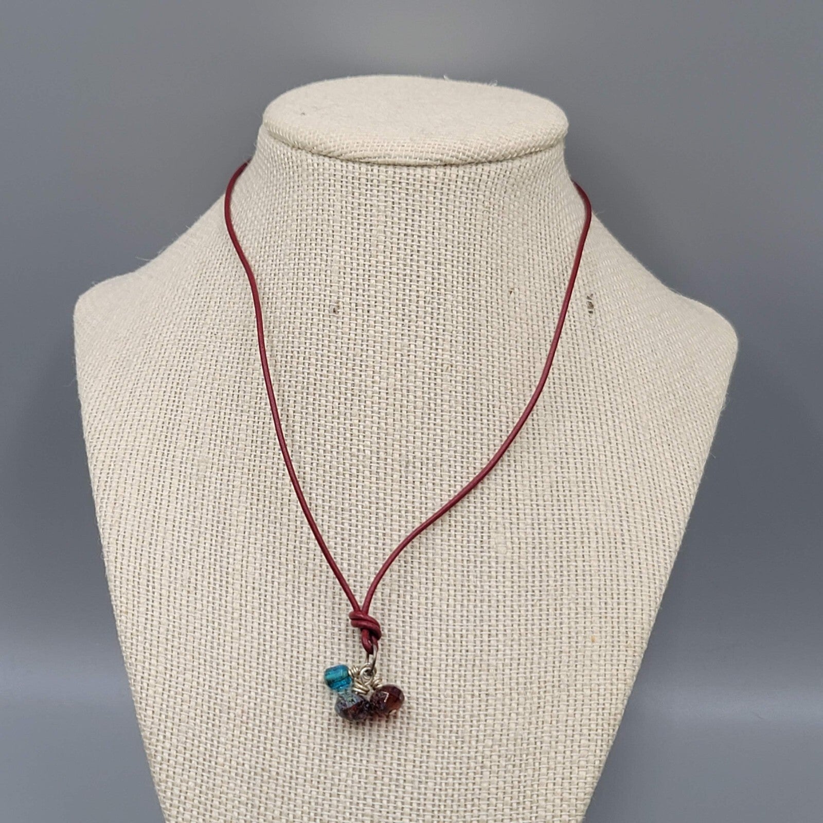 Multicolor Faceted Glass Bead Necklace Sterling Silver Red Leather Cord 16"