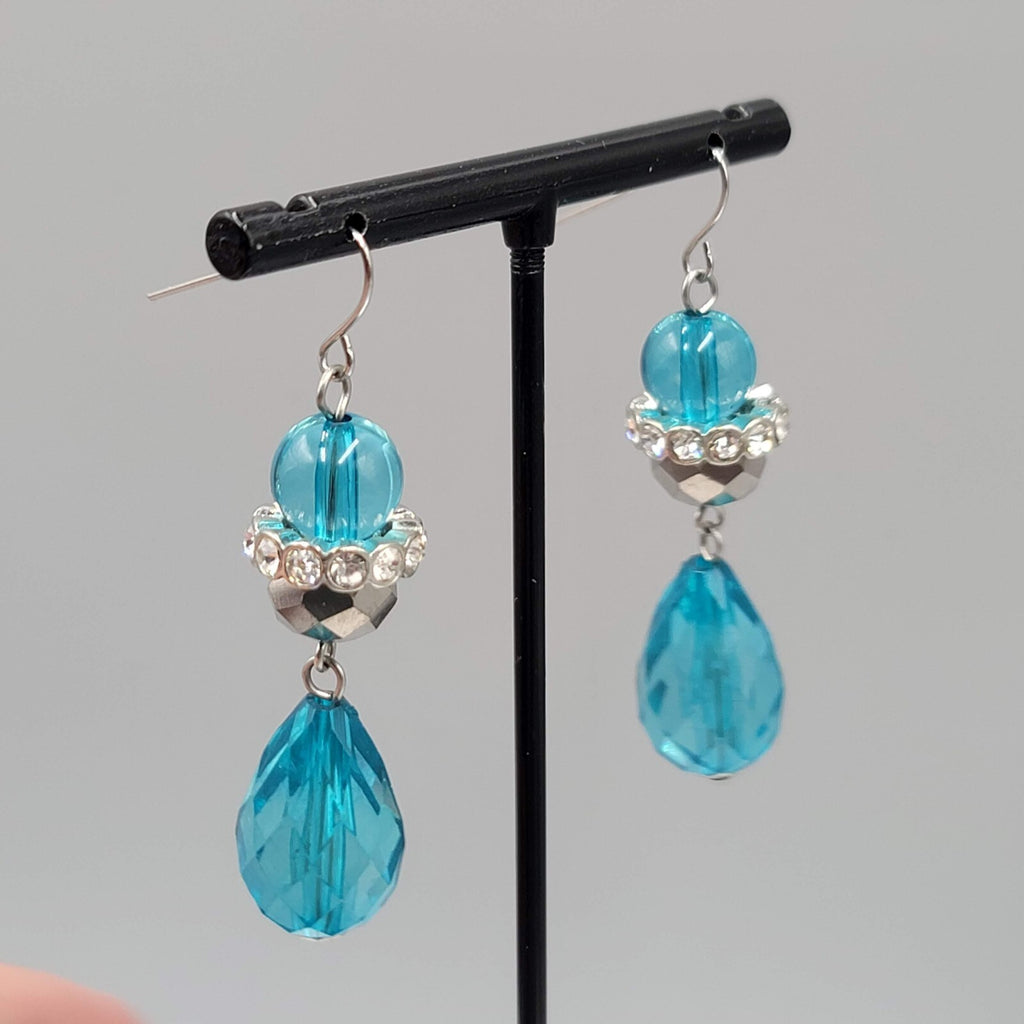 Pierced Earrings Silver tone Rhinestones Blue Faceted Acrylic Teardrop 1.75"