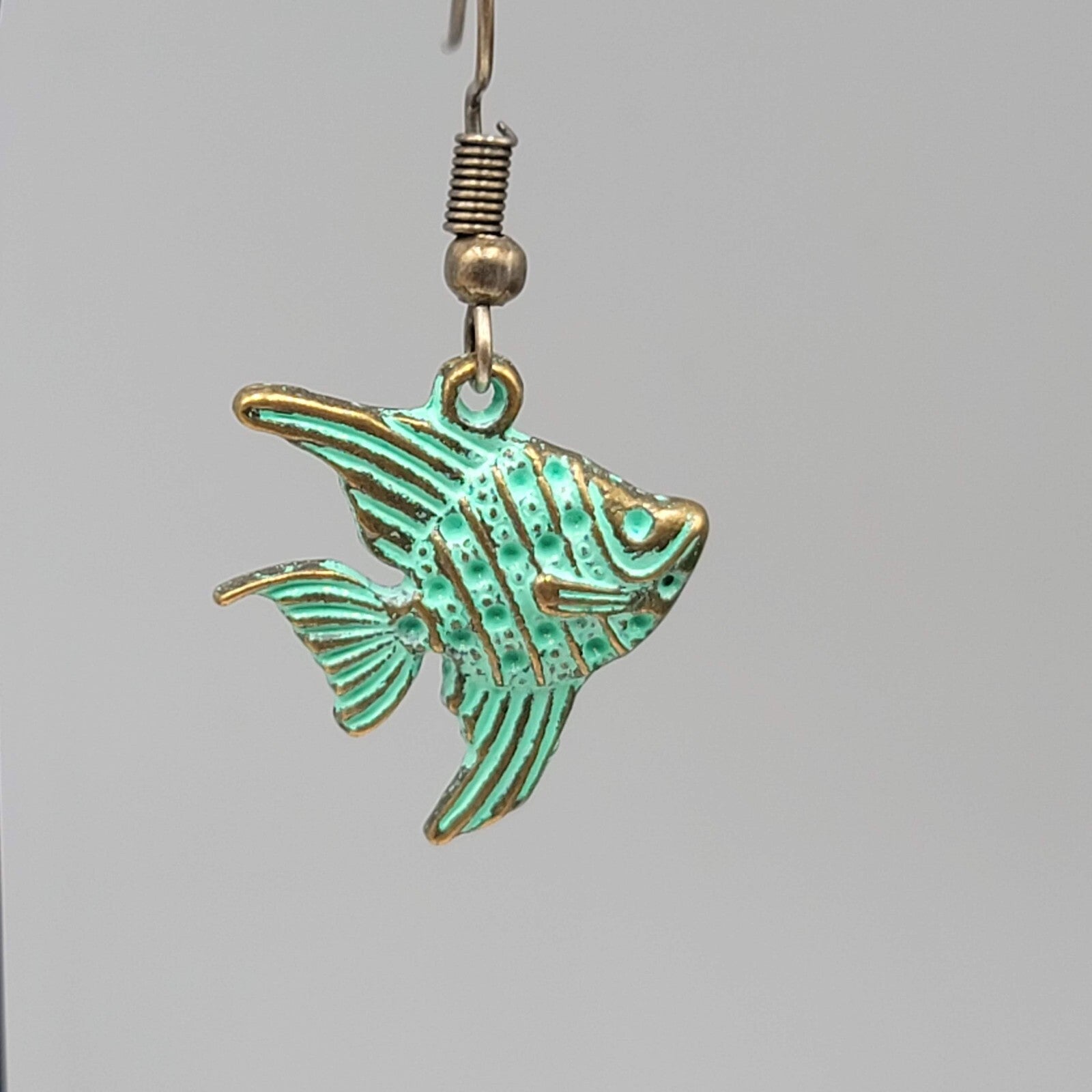 Angelfish Beach Sea life Pierced Earrings Bronze tone Green wash Dangle 3/4"