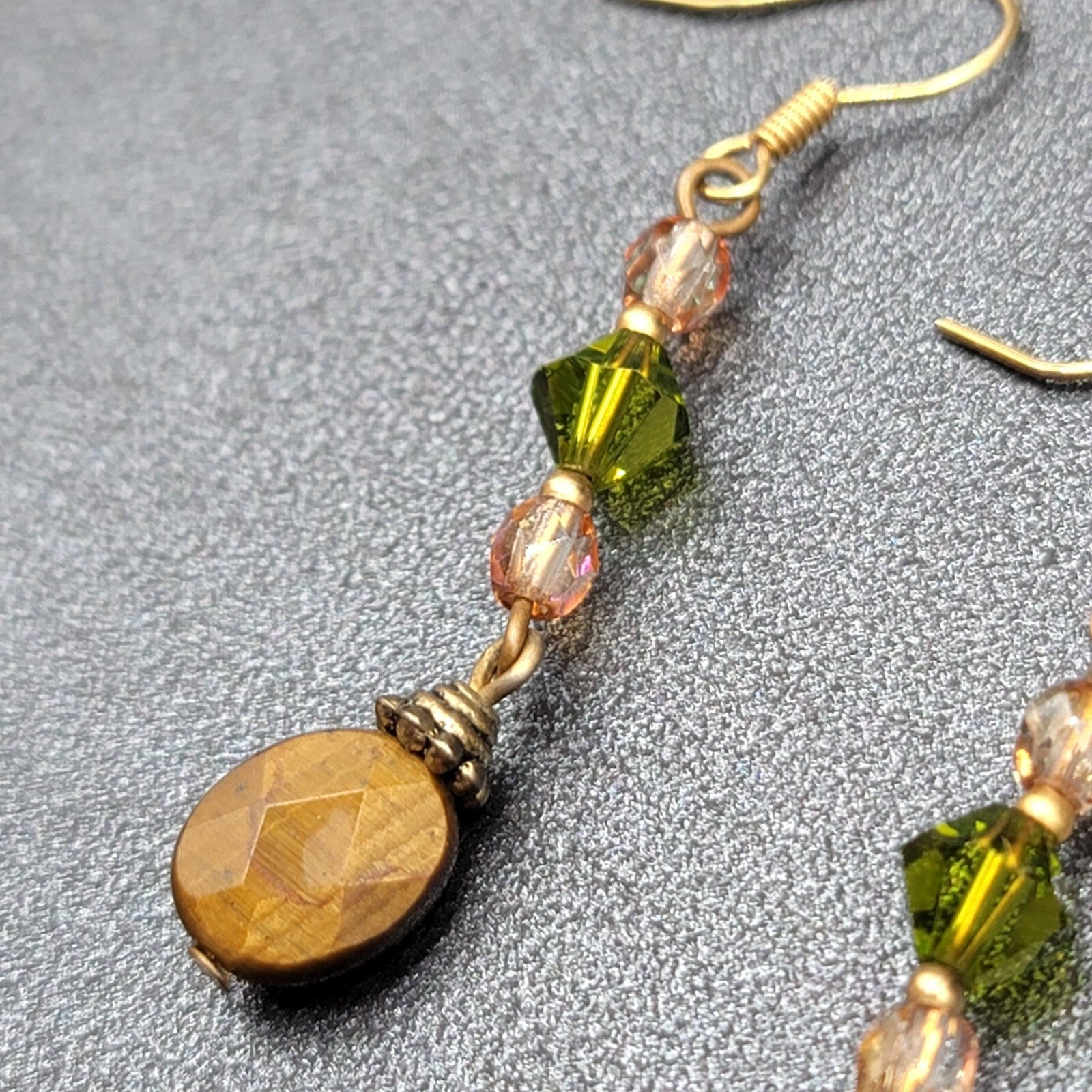 Pierced Earrings Tigers Eye Pink Green Crystal Bead 1.5"