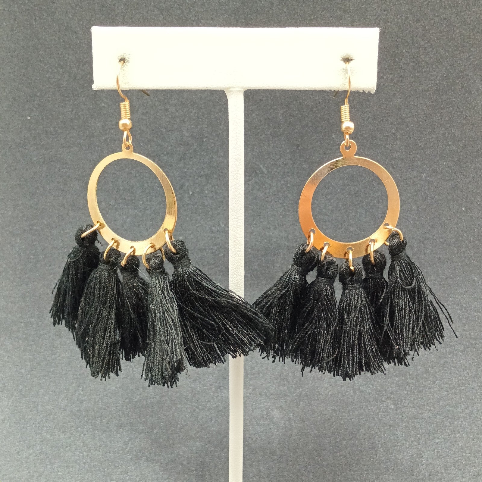 Boho Pierced Earrings Gold tone Circle Black Tassel Statement Dangle 2 1/4"