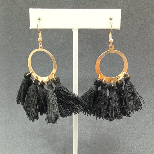 Boho Pierced Earrings Gold tone Circle Black Tassel Statement Dangle 2 1/4"