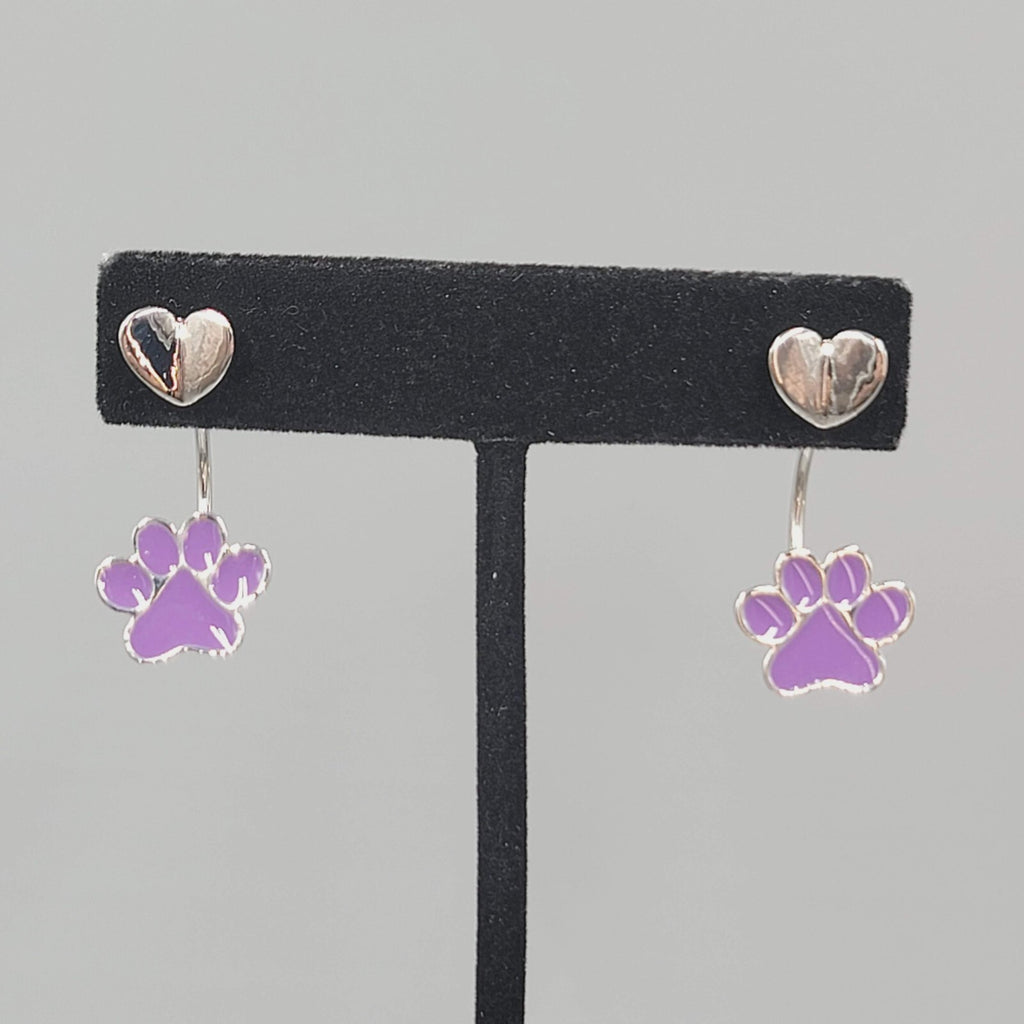 Pierced Earrings Purple Enamel Paw Drop Jacket Silver tone 1.25"
