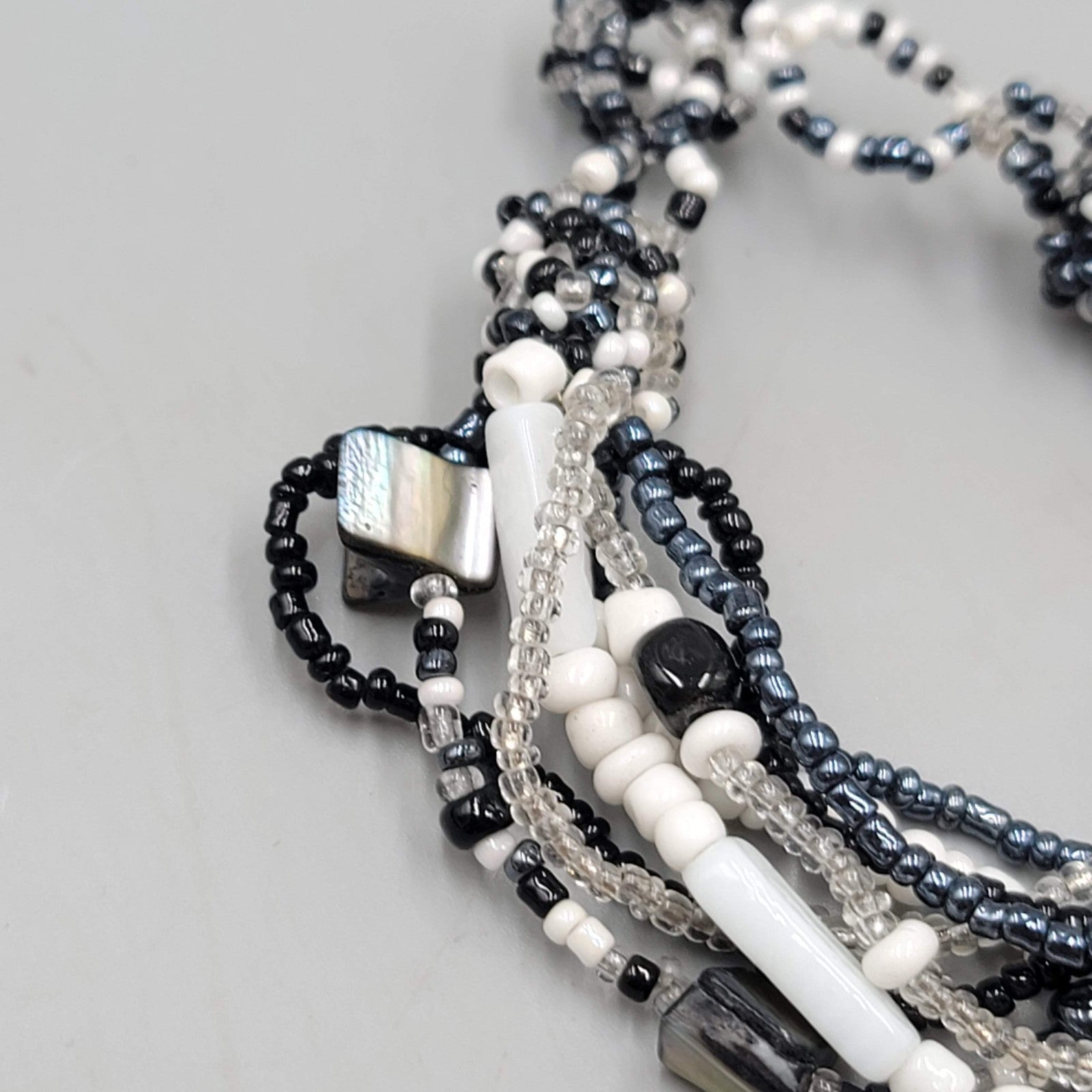 Black White Seed Bracelet Shell Multi Strand 7 in