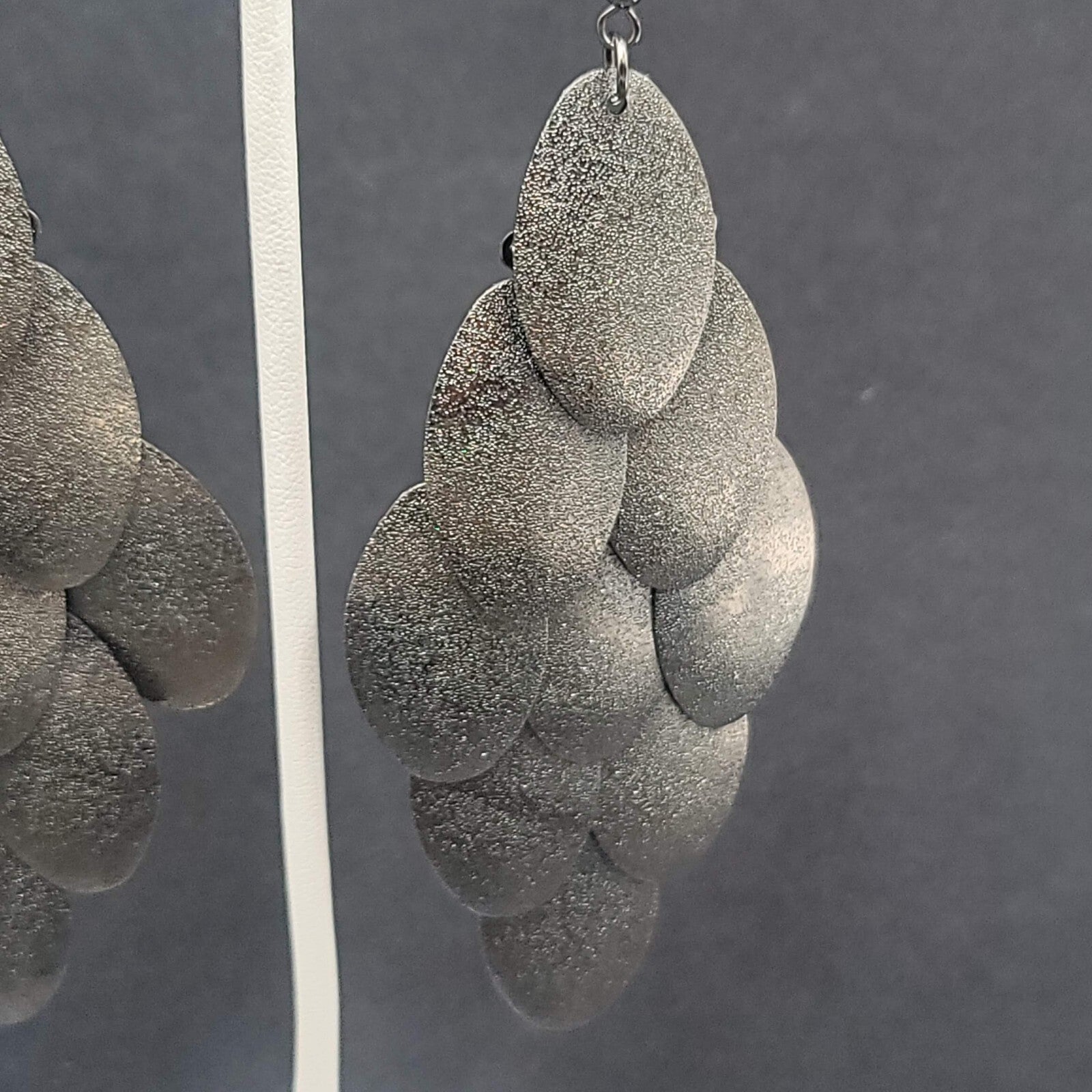 Pierced Earrings Gunmetal Gray Textured Layered Chandelier Dangle 4"