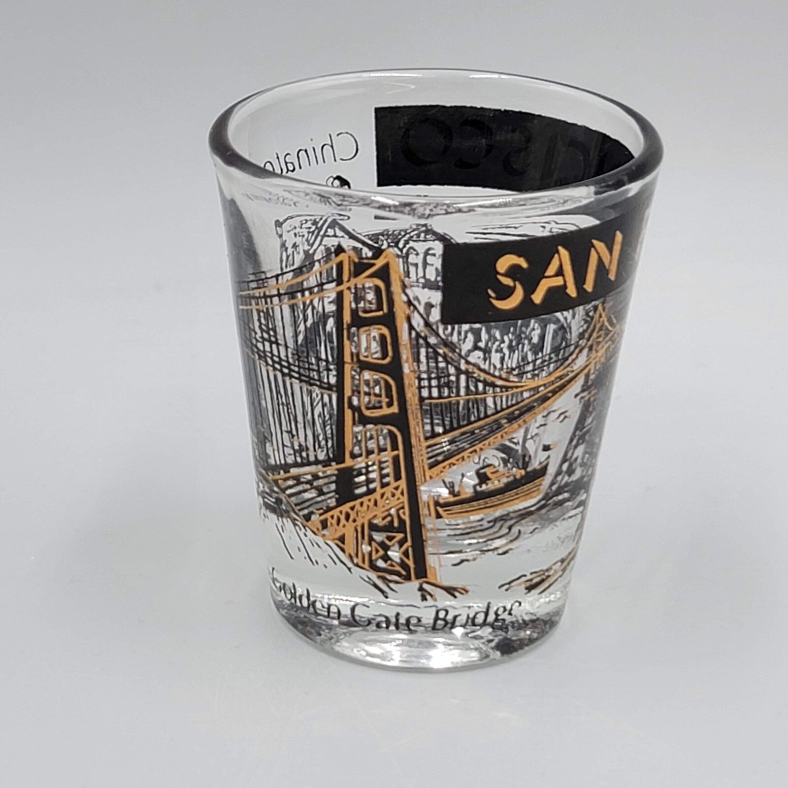 San Francisco Shot Glass Souvenir Black Gold Embossing
