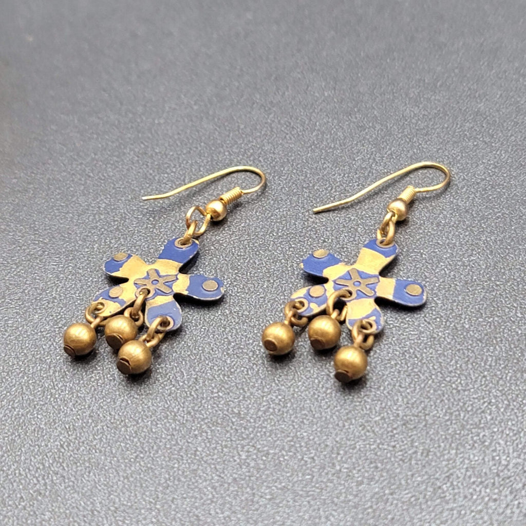 Pierced Earrings Brass Flower Blue Enamel Dangle 1.25"
