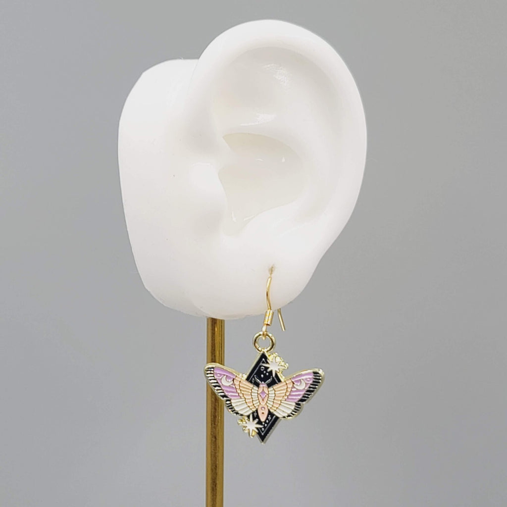 Purple Moon Moth Enamel Pierced Earrings Gold tone Dangle Butterfly 7/8"