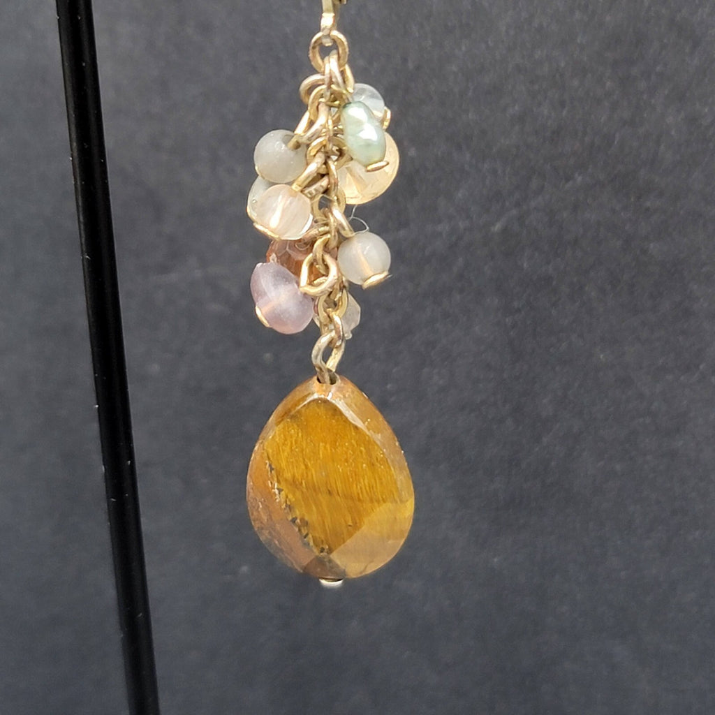 Pierced Earrings Silver tone Glass Bead Tigers Eye Teardrop 1.75"