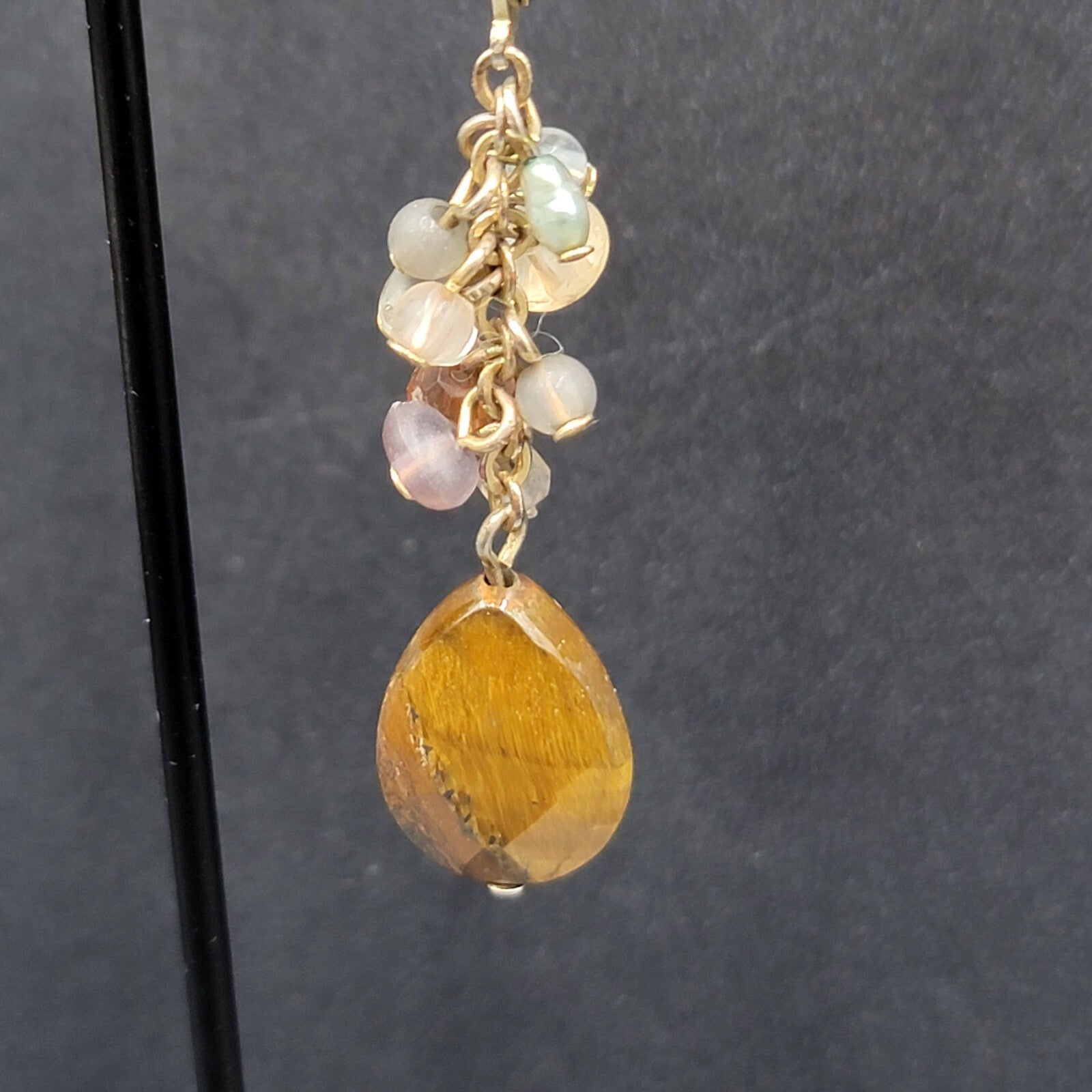 Pierced Earrings Silver tone Glass Bead Tigers Eye Teardrop 1.75"