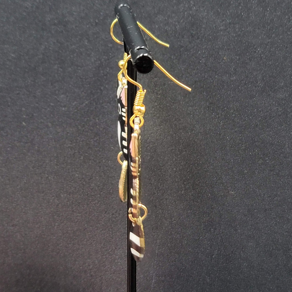 Black Tabby Kitty Cat Pierced Earrings Gold tone Dangle Tail 1.5"