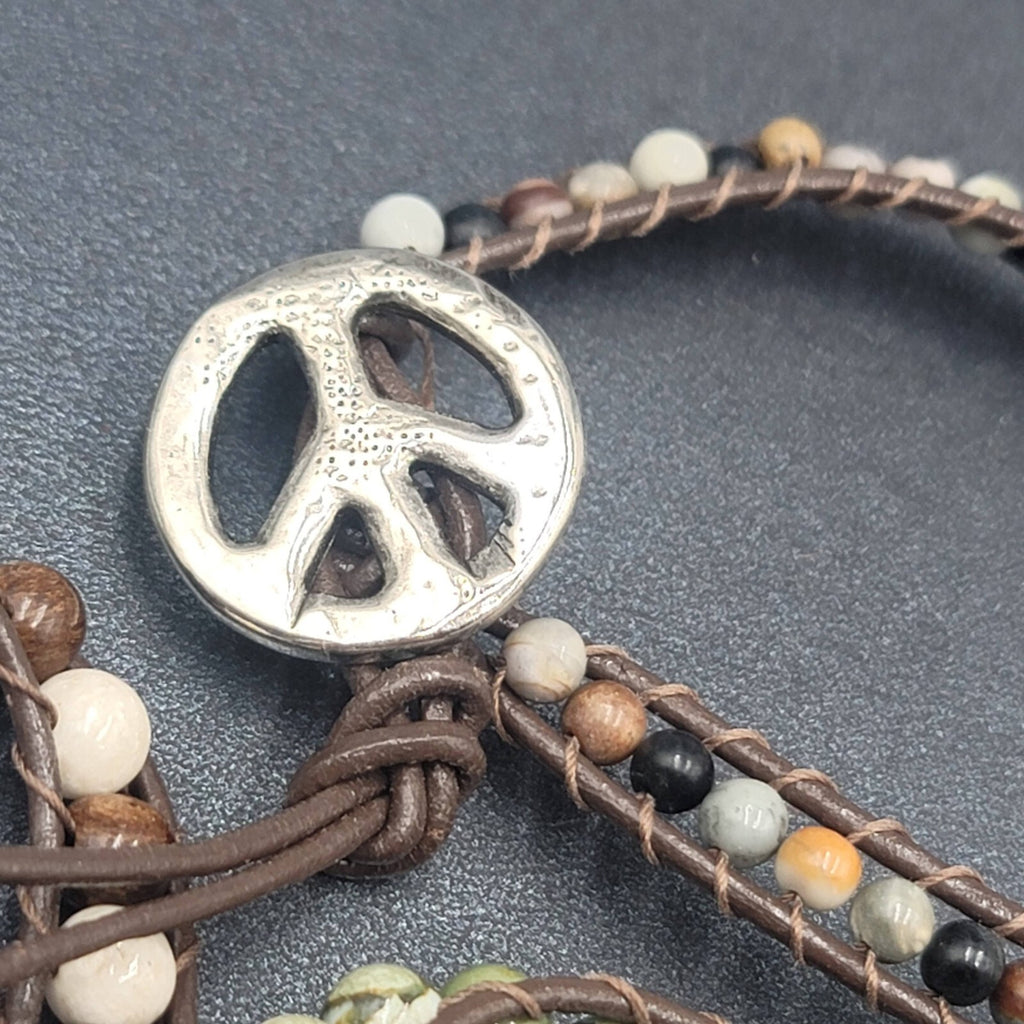 Lot of 3 Bracelets Stone Beads Flower Peace Sign Cord Bronze tone Clasp