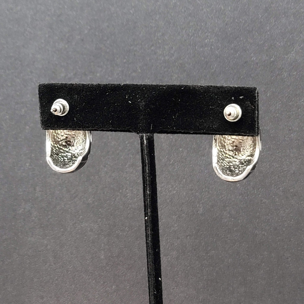 Vintage Pierced Earrings Black Enamel White Glitter Dots Half Hoops 7/8"