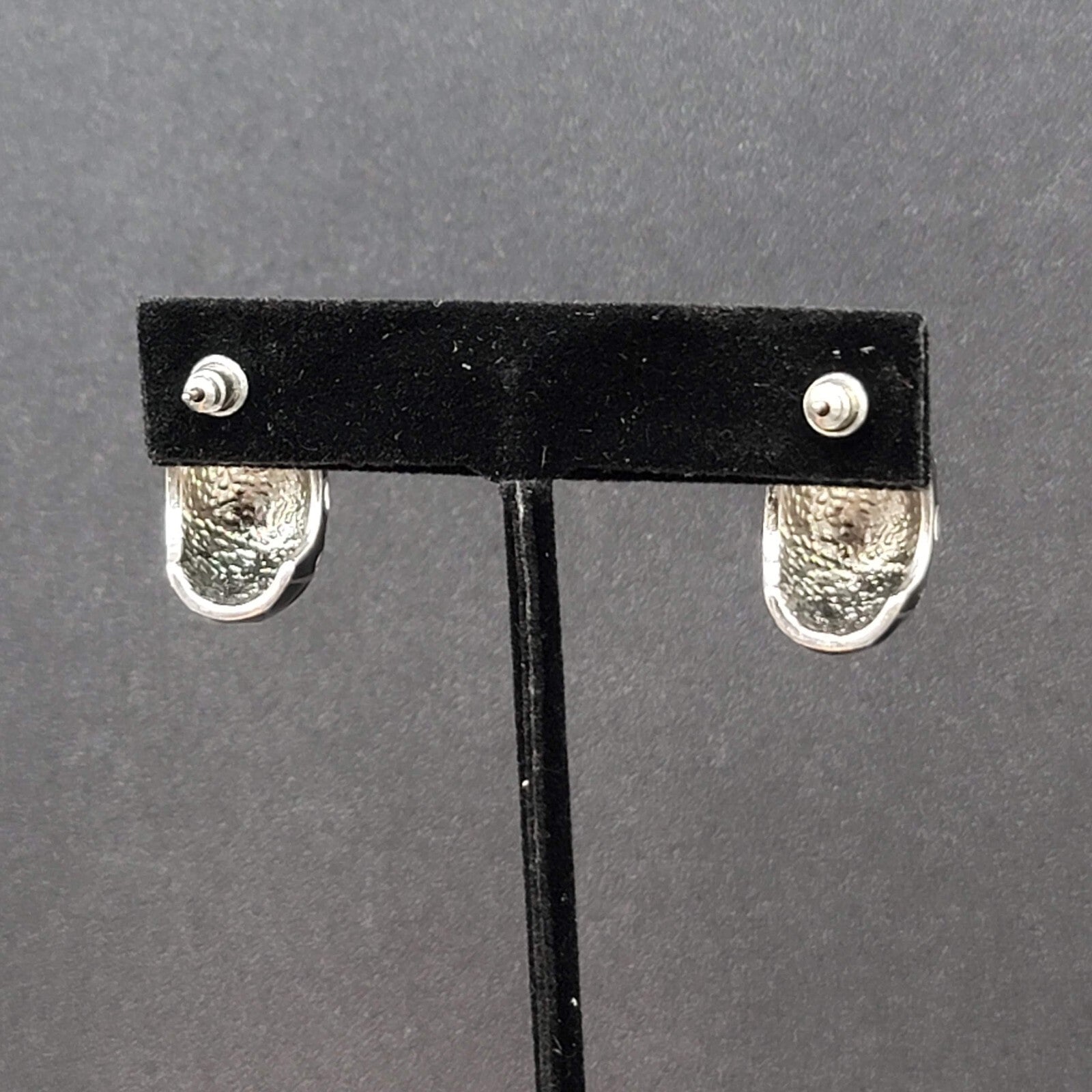 Vintage Pierced Earrings Black Enamel White Glitter Dots Half Hoops 7/8"