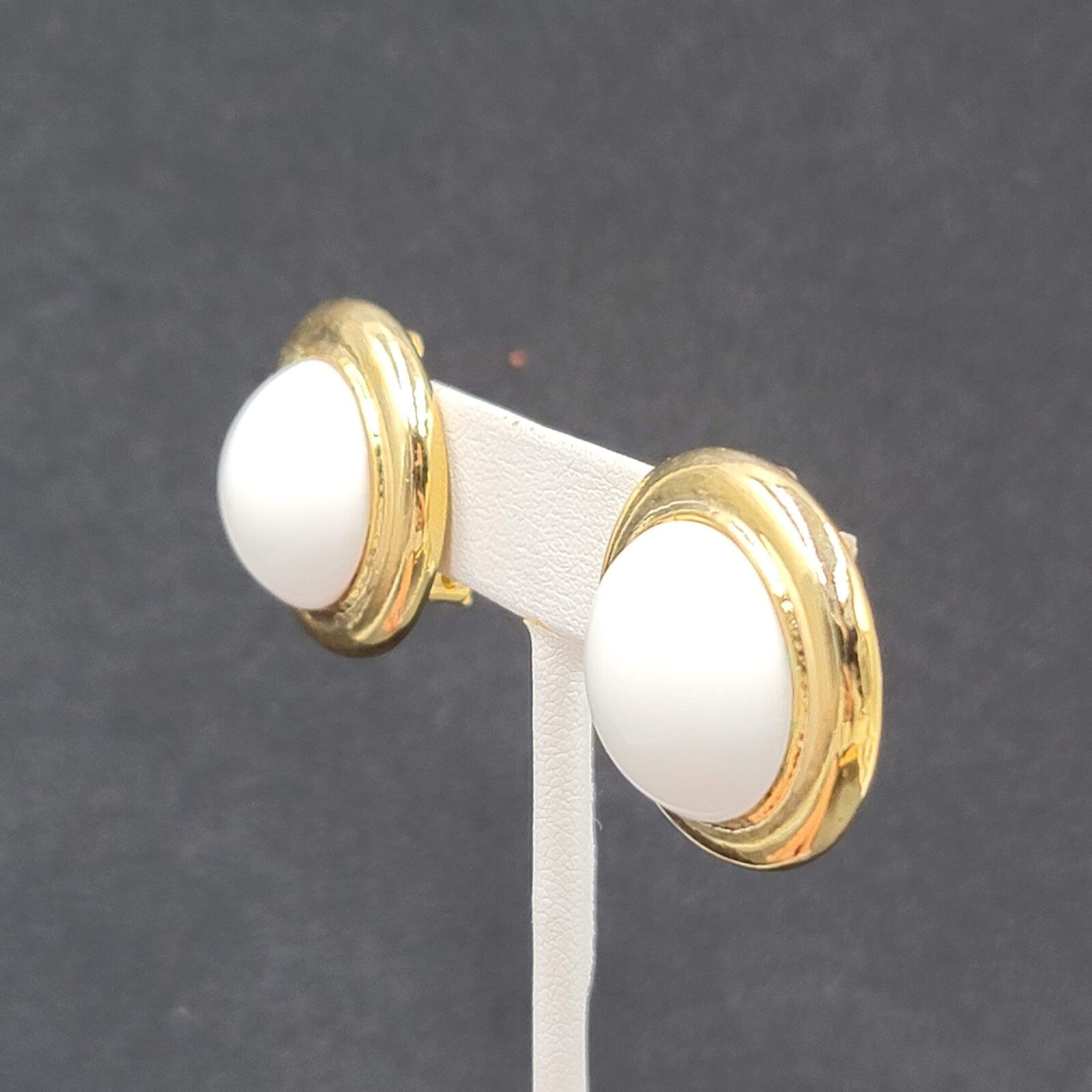 Vintage Clip on Earrings Gold tone White Acrylic Dome Drop Studs 1"