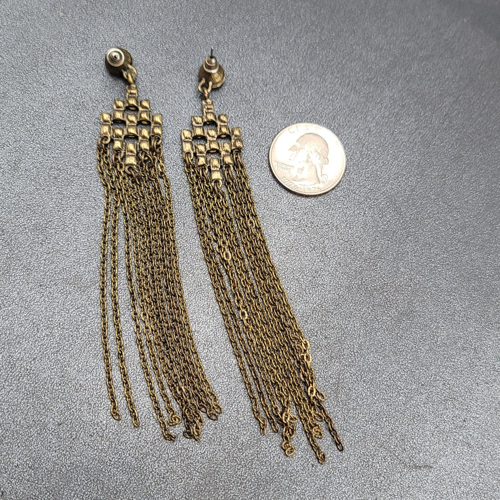 Pierced Earrings Bronze tone Sparkle Rhinestone Chain Dangle Long 4.5"